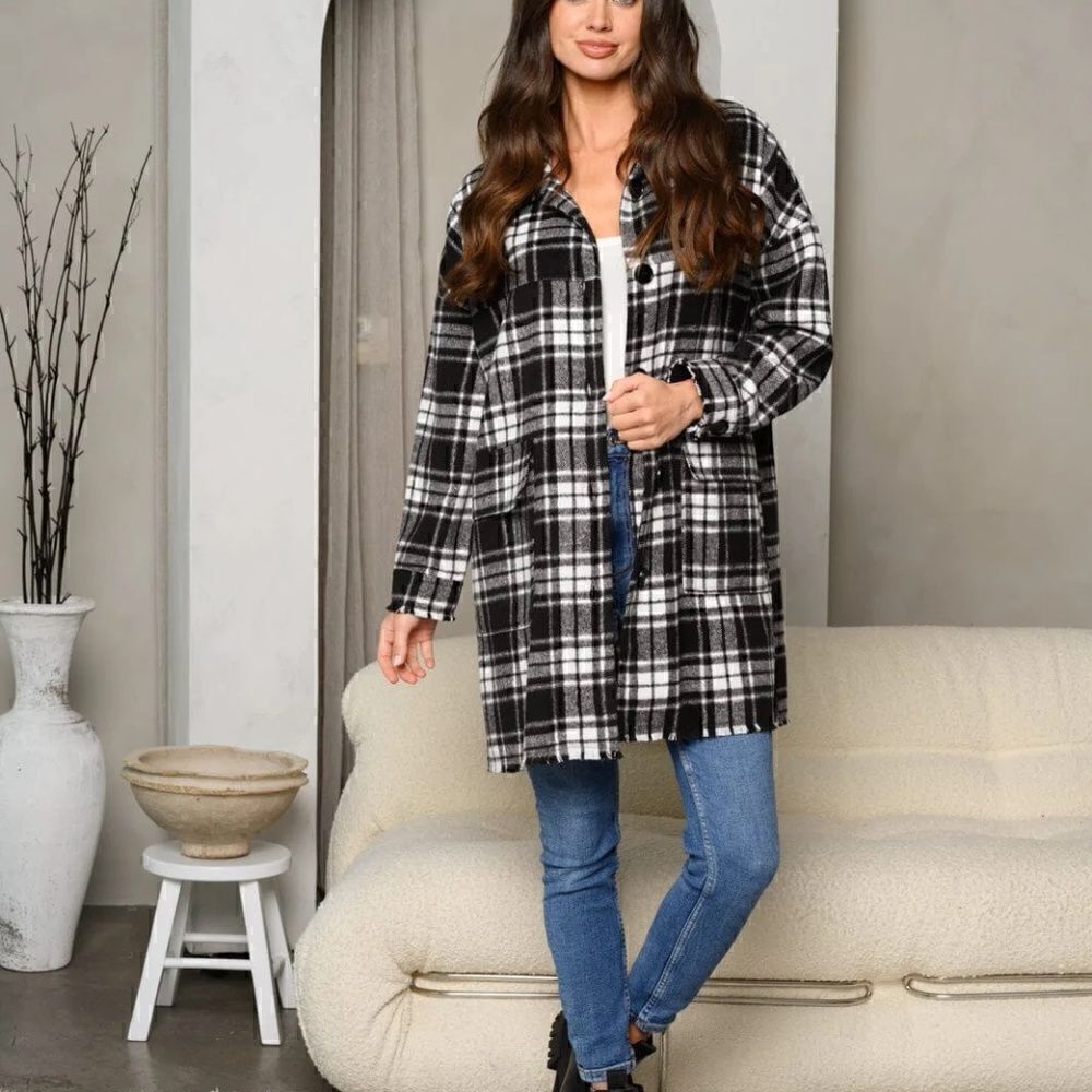 NEW! Boho Black White Plaid Long Length Flannel Shacket Jacket Button Front Warm